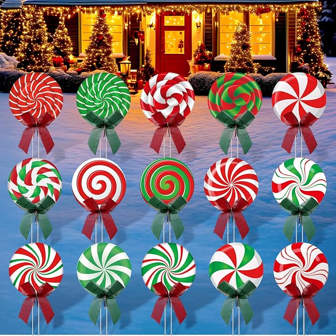 15 Pcs Christmas Outdoor Yard Signs Candy Decorations Outdoor Christmas Decorations Xmas Yard Lollipop Candy Hanging Ornaments Stakes Holiday Garden Sign Cardboard for Party Porch Lawn Walkway Decor