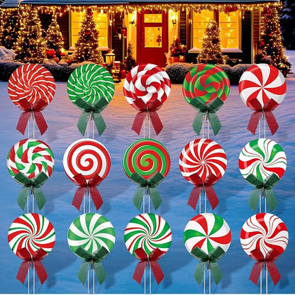 15 Pcs Christmas Outdoor Yard Signs Candy Decorations Outdoor Christmas Decorations Xmas Yard Lollipop Candy Hanging Ornaments Stakes Holiday Garden Sign Cardboard for Party Porch Lawn Walkway Decor