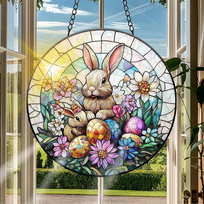 VAIIEYO Rabbit Sun Catcher Stained Glass Window Hanging Ornament, Handmade Sun Catcher Easter Egg Decoration with Hooks for Window Garden Home, Mother's Day & Birthday Housewarming Gift (7.8 inch)