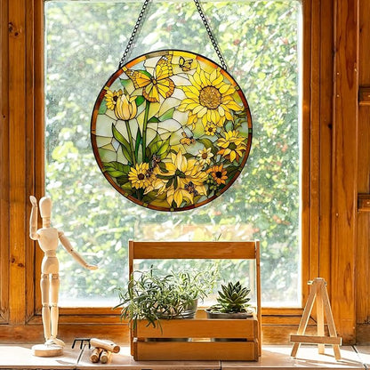 Stained Glass Window Hanging, Sunflower Floral Suncatcher for Window Doors Garden Home Decoration, Spring Colorful Glass Panel Ornaments for Women,Men,Wife, Lovers, and Mom 7.8x7.8 in