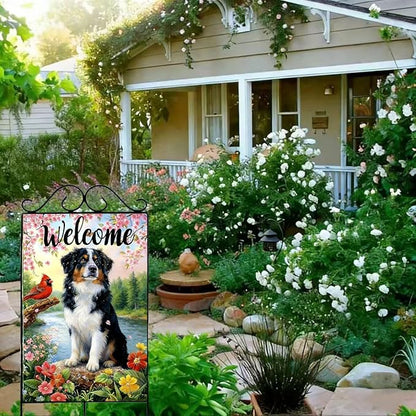 Large Spring Summer House Flags 28 x 40 Double Sided, Burlap Australian Shepherd Dog Flowers Spring Summer Flags for Outside, Seasonal Farmhouse Outdoor Yard Décor