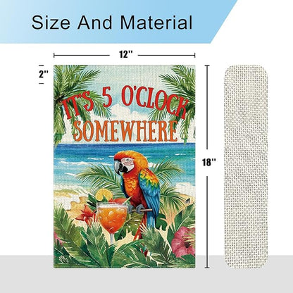 DLZDN Summer Parrot Bird Garden Flag It's 5 O'Clock Somewhere Garden Flag 12×18 Inch Double Side Vertical Burlap Farmhouse Yard Flag Summer Nautical Tropical Ocean Outdoor House Decoration