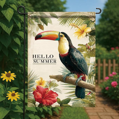 Hello Summer Garden Flag Tropical Toucan Bird Floral Leaves Outdoor Yard Porch Lawn Garden Decor for Beach Patio Cottage Farmhouse Seasonal Summer Home Display