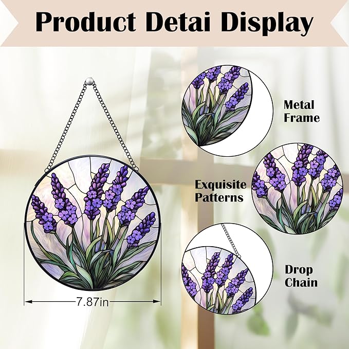 Lavender Flower Stained Glass Window Hanging Suncatchers, Purple Lavender Sun Catchers Indoor Window Glass Wall Art Decor, Floral Botanical Wall Hanging Decorations Sculptures, 7.9x7.9in