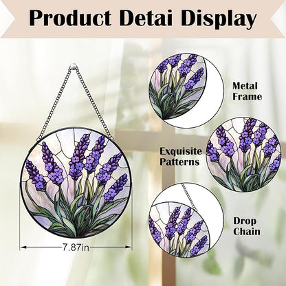 Lavender Flower Stained Glass Window Hanging Suncatchers, Purple Lavender Sun Catchers Indoor Window Glass Wall Art Decor, Floral Botanical Wall Hanging Decorations Sculptures, 7.9x7.9in