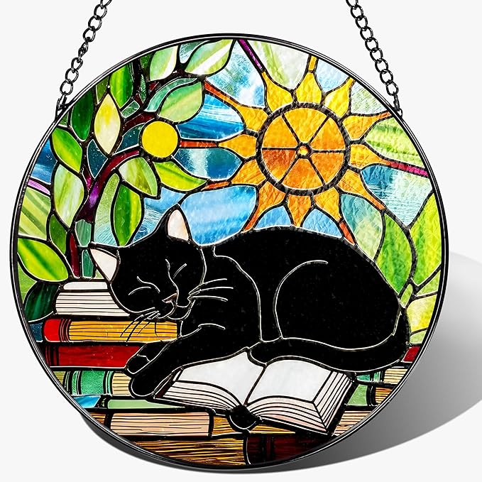 Stained Glass Window Hanging, 8 Inch Black Cat on Book Stained Glass Suncatcher, Window Decor Hanging, Cat Lover Gifts, Reading Decor, Bookish Gift, Librarian Gift, Book Lover Gifts