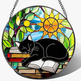 Stained Glass Window Hanging, 8 Inch Black Cat on Book Stained Glass Suncatcher, Window Decor Hanging, Cat Lover Gifts, Reading Decor, Bookish Gift, Librarian Gift, Book Lover Gifts