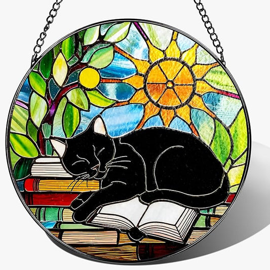 Stained Glass Window Hanging, 8 Inch Black Cat on Book Stained Glass Suncatcher, Window Decor Hanging, Cat Lover Gifts, Reading Decor, Bookish Gift, Librarian Gift, Book Lover Gifts