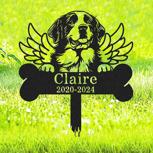 Personalized Pet Grave Marker St Bernard Burial Stake with Name & Date, Custom Outdoor Waterproof Metal Dog Grave Marker with Wings, Memorial Tombstone Garden Stake Yard Sign for Dogs