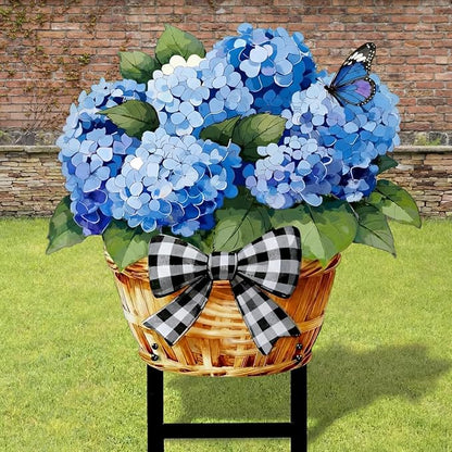 1 Pcs Spring Metal Hydrangea Garden Stakes Decor 22 Inch Decorative Purple Hydrangea Yard Stake Outdoor Floral Decor Metal Garden Art Ornaments for Patio Porch Lawn Backyard