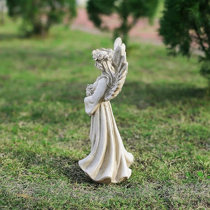 Angel Garden Statue Holding a Floral Wreath, Memorial Figurine for Patio, Lawn, Yard, Sympathy Gift Cemetery Grave, Ployresin 11.8 inch