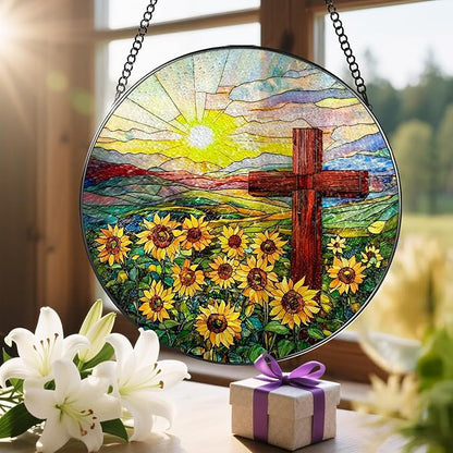 Cross Stained Glass Sun Catcher, Stained Glass Window Hanging, 8 Inch Suncatchers for Windows, Window Hanging Ornament, Easter Faith Home Decor, Cross Gifts, Gift for Religious, Christian Gifts