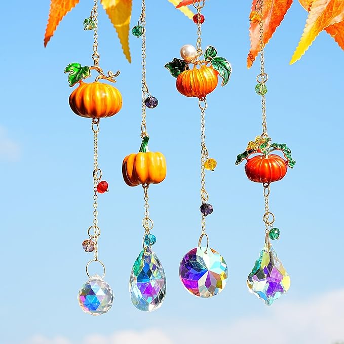 HDCRYSTALGIFTS Set 4 Fall Pumpkin Suncatchers Crystals Sun Catchers Indoor Window Hanging Thanksgiving Christmas Tree Decorations for Farmhouse Harvest Autumn Xmas Home Party Decor