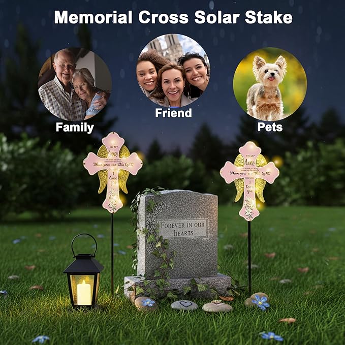 Solar Cross Lights with Angel Wings, Pink and Gold Memorial Grave Decorations, When You See This Light Remember I Love You Sentiment, Cemetery Tombstone Garden Stake with Ground Stake