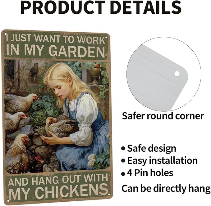 JOCASA Vintage Girl Chicken Metal Tin Sign Farm Chicken Sign I Just Want To Work In My Garden And Hang Out With My Chickens Poster Wall Decor-Retro Chicken Coop Signs Chicken Signs For Coop,12''X 8''