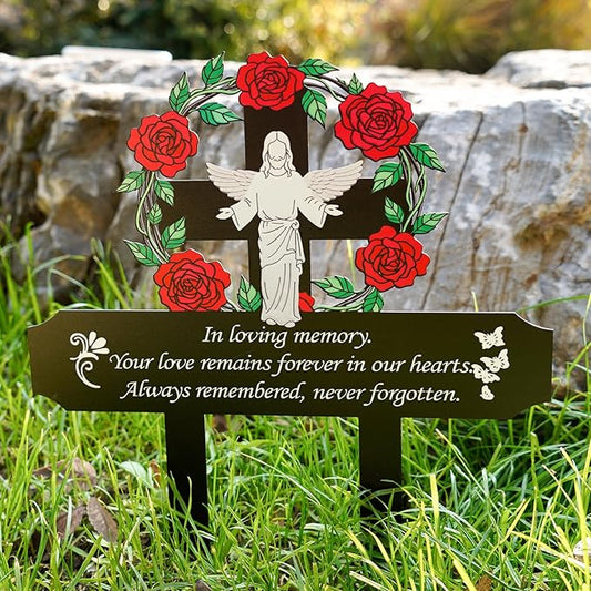 Jesus Grave Decorations for Cemetery - Metal Memorial Stake with 5 Red Roses - Sturdy Thickened Remembrance Plaque, Religious Cemetery Markers for Graveside, Mother’s Day (Jesus)