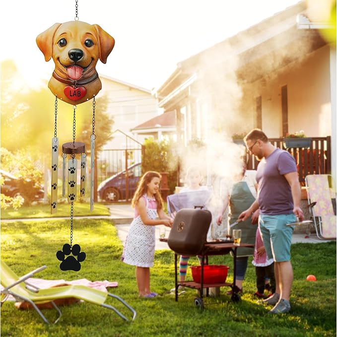 CoTa Global Lab Dog Wind Chime - Labrador Puppy Hanging Decor with Paw Print Glass Tubes, Brown and Yellow Dog Garden Ornament, Indoor Outdoor Porch Patio Yard Decoration - 25 Inches