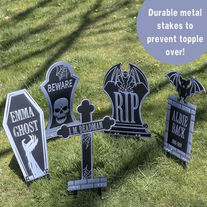 3-D Metal Halloween Ghost Cemetery XL 17" Tombstone w Stakes -EMMA GHOST- Durable, Rustproof, UV Raised Printing-Upgrade Your Haunted House Mansion w Cemetary Lawn Decor-No More Flimsy Foam Graveyards