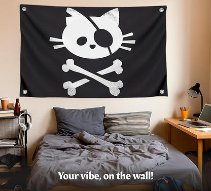 3x5 Feet Pirate Cat Skull and Crossbone Home Polyester Flags with 4 Brass Grommets - Decorative Home Fall Single Sided Flags for Infoor or Outdoor - Garden Yard Porch Patio Banner for Decor