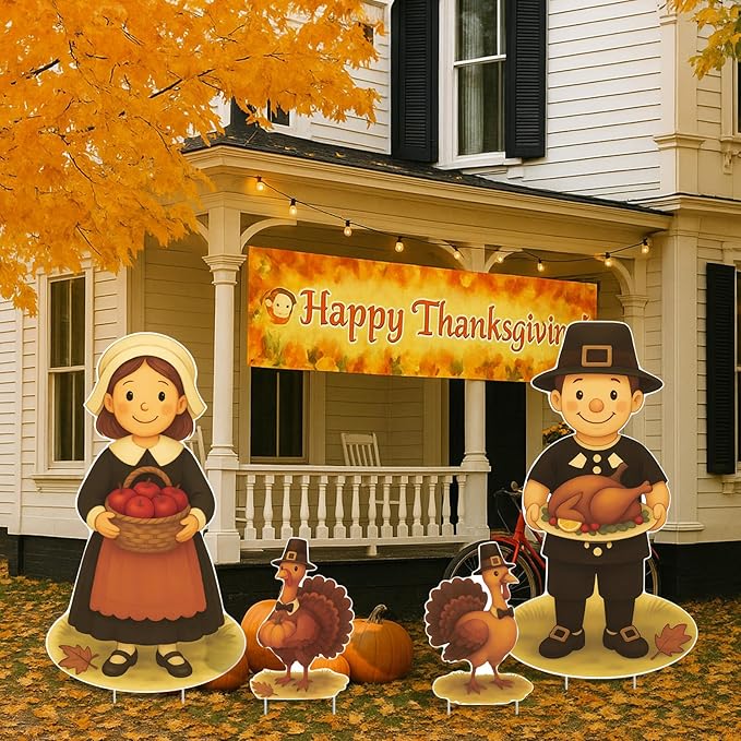 DoubleFill 4 Pcs Thanksgiving Pilgrim Boy and Girl Yard Sign Fall Turkey Lawn Stakes Happy Thanksgiving Decoration Outdoor Harvest Party Supplies