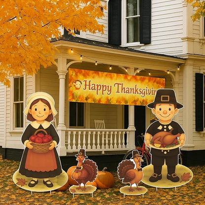 DoubleFill 4 Pcs Thanksgiving Pilgrim Boy and Girl Yard Sign Fall Turkey Lawn Stakes Happy Thanksgiving Decoration Outdoor Harvest Party Supplies