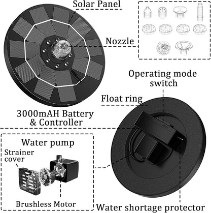 AISITIN 3,5W LED Solar Fountain Pump for Outdoor with 3000mAh Battery,Solar Bird Bath Fountain with Different Spray Effects,with Crystal Ball, Solar Powered Water Pump for Outdoor Garden, Pond