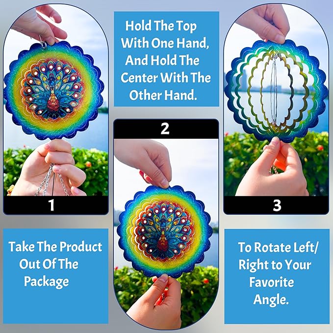 Peacock Wind Chimes for Outside,Birthday Gifts for Mom Grandma Wife,Peacock Wind Chimes with 3D Wind Spinners,Outdoor Decor for Garden Yard Porch