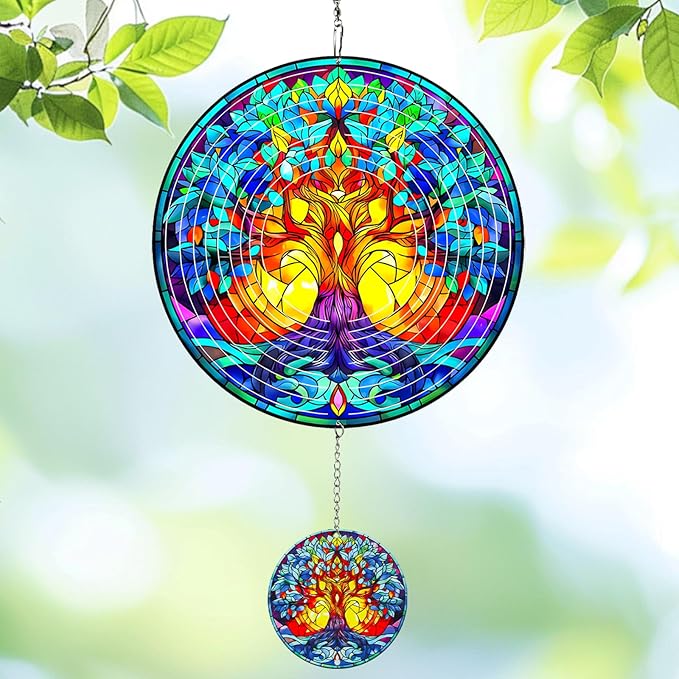Wind Spinners Outdoor Colorful Tree of Life, 12 inch Laser Cut Metal Art Geometric Pattern Wind Spinners Decor Birthday Gifts for Women, Mom - Hanging Kinetic for Yard, Garden, Patio, Outdoor
