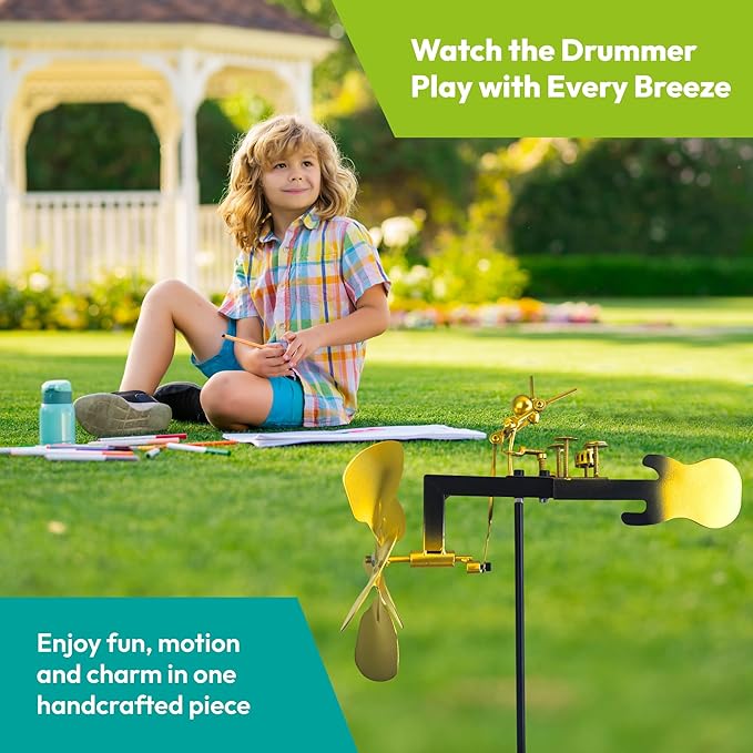 Handmade Metal Drummer Windmill Wind Spinner - Rock Band Percussionist Music Figurine - Wind-Powered Kinetic Windmills Spinners Sculpture - Outdoor Decor for Yard Lawn Garden Patio