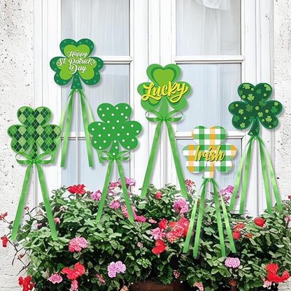 Cinrobiye 6 Pcs Metal St.Patrick's Day Planter Stakes Irish Table Centerpiece Lucky Shamrock Garden Stake Outdoor Lawn for St.Paddy's Day Garden Greetings Home Farmhouse Decor (Shamrock)