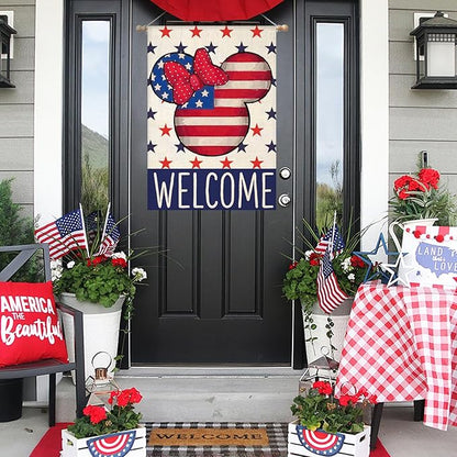 Welcome 4th of July House Flags for Outdoor Decoration, Patriotic Air Balloon Stars Large Yard Flag,Decorative 250th America Years Anniversary Decor for Summer Outside,28x40 Inch Vertical Double Sided