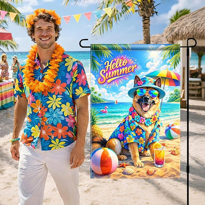 BlissYard Hello Summer Golden Retriever Garden Flag 12x18 Double Sided Vertical Outdoor Decor Beach Dog Tropical Yard Garden Lawn Banner Colorful Seasonal Display