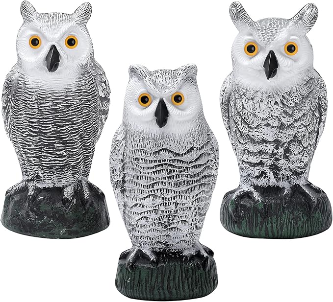 KKY 2 Packs Fake Plastic Owl Bird, Garden owl Statue,Can Repel Pigeons Away from The House, Garden, Pool. (3pc Black)