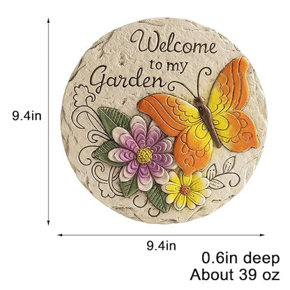 Garden Stepping Stones Outdoor Butterfly Step Stones for Walkway Gardening Gifts Welcome to My Garden Decorative Round Concrete Stones for Yard Outside Stone