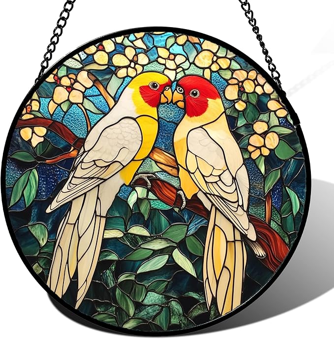 CHATYOUNG Stained Glass Window Hanging 2 Parrots Yellow Flowers 9.8" - Suncatcher Door Garden Sunroom Bird Sun Catcher Home Decor Mother's Day Birthday Christmas for Mom Men Woman Nana