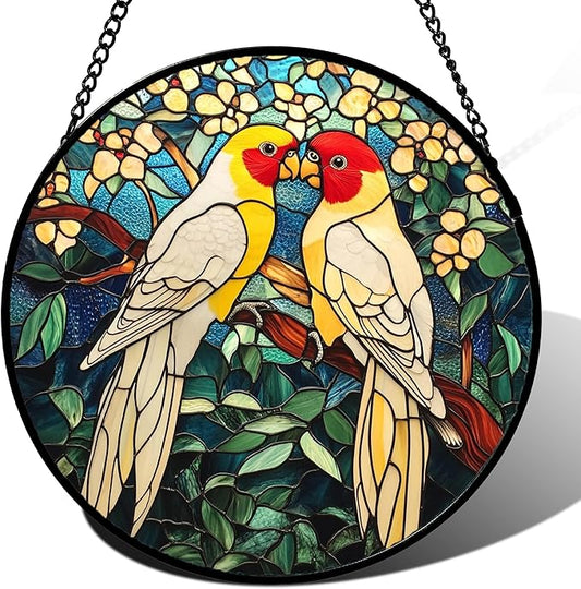 CHATYOUNG Stained Glass Window Hanging 2 Parrots Yellow Flowers 9.8" - Suncatcher Door Garden Sunroom Bird Sun Catcher Home Decor Mother's Day Birthday Christmas for Mom Men Woman Nana