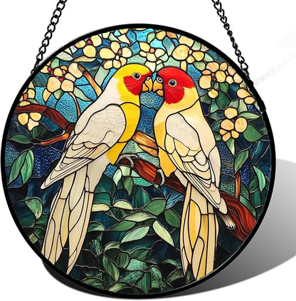 CHATYOUNG Stained Glass Window Hanging 2 Parrots Yellow Flowers 6.3" - Suncatcher Door Garden Sunroom Bird Sun Catcher Home Decor Mother's Day Birthday Christmas for Mom Men Woman Nana