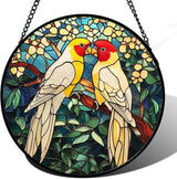 CHATYOUNG Stained Glass Window Hanging 2 Parrots Yellow Flowers Large 11.8" - Suncatcher Door Garden Sunroom Bird Sun Catcher Home Decor Mother's Day Birthday Christmas for Mom Men Woman Nana
