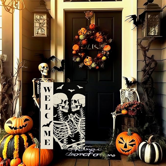 Halloween Welcome Skull Garden Flag Spooky Skeletons Funny Black White Yard Garden Flags Double Sided for Outside Fall Porch Patio Farmhouse Outdoor Decorations 12 x 18 Inch