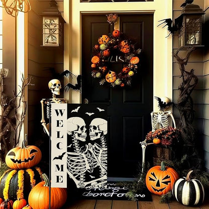 Halloween Welcome Skull Garden Flag Spooky Skeletons Funny Black White Yard Garden Flags Double Sided for Outside Fall Porch Patio Farmhouse Outdoor Decorations 12 x 18 Inch