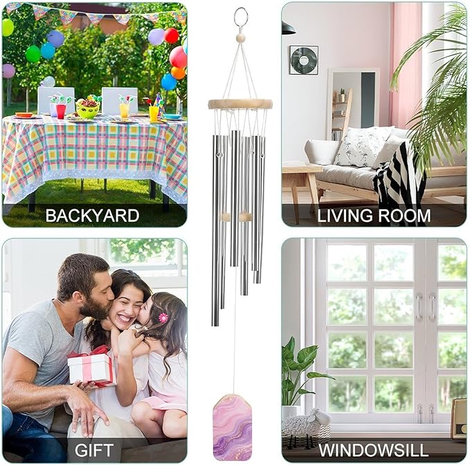 Pink Purple Marble Wind Chime 20.5 Inch, Wooden & Metal Windchime for Outdoor Garden Indoor Home Decor, Memorial Gift Wind Bell with Relaxing Sound for Patio Yard Bedroom