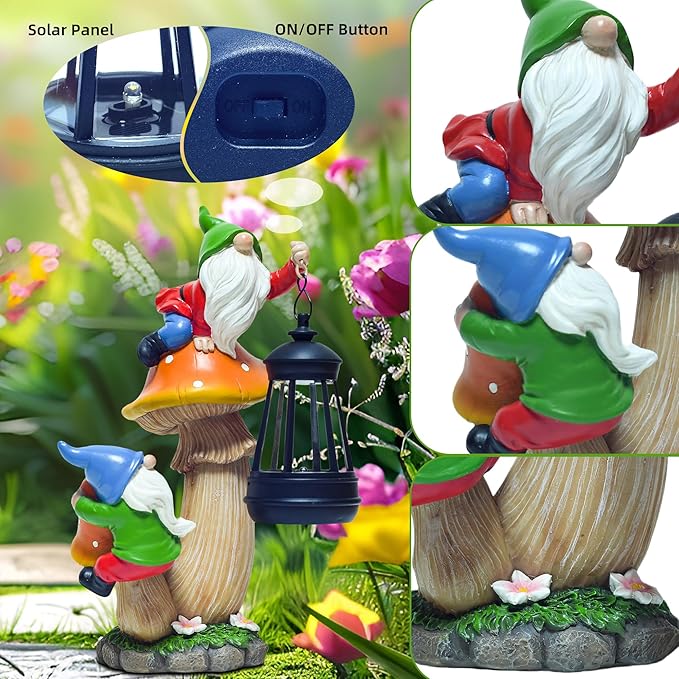 YUETJIN Funny Garden Gnomes Outdoor Climbing on Mushroom with Holding a Solar LED Lantern Resin Mushroom Statue for Patio Yard Lawn Porch Decor