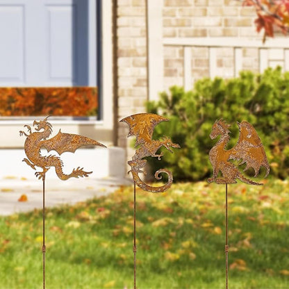 Rusty Fantasy Dragon Garden Stakes Decor, 24 Inch Metal Yard Art Decor, Decorative Garden Stakes Outdoor, Lawn Art Dragons Garden Decorations for outside, Ancient Dragons Garden Statue,Set of 3