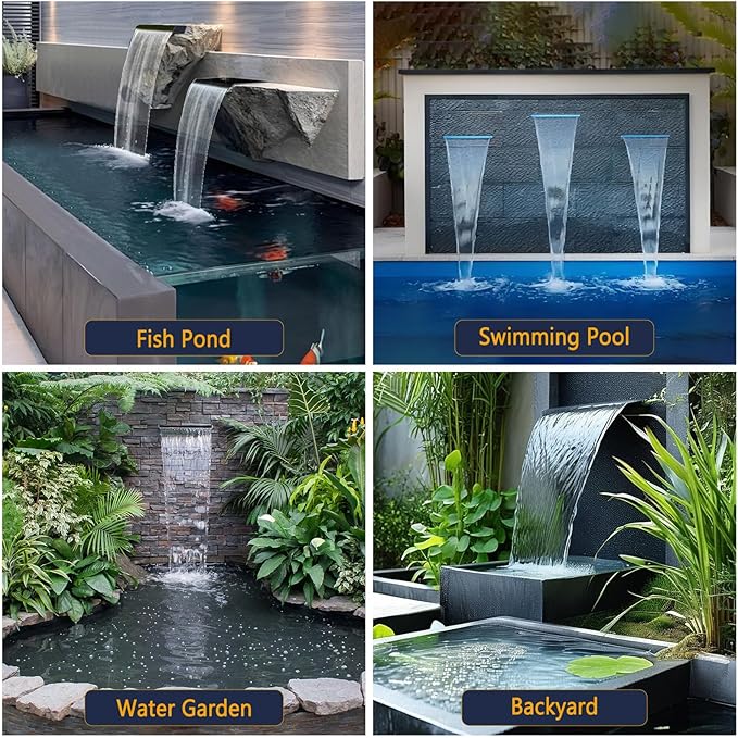 AquaMiracle Pond Waterfall Kit with LED Lights, All-in-1 Stainless Steel Spillway with 660GPH Water Pump, Outdoor Waterfall Fountain for Garden, Backyard & Pool Decor (8inch)