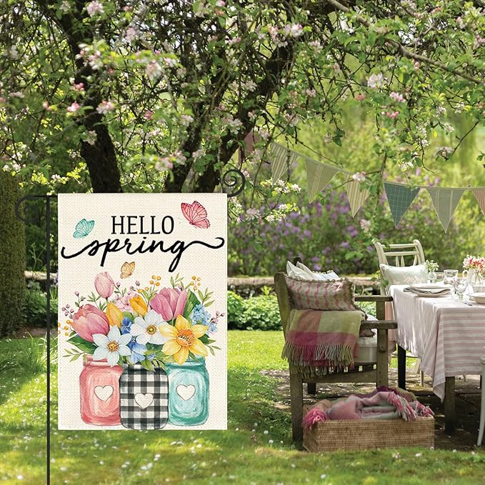 AVOIN colorlife Hello Spring Garden Flag 12x18 Inch Double Sided Outside, Floral Mason Jar Holiday Yard Outdoor Flag