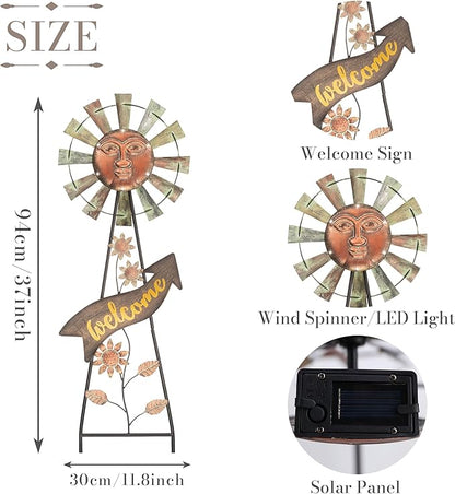 TERESA'S Collections Garden Decor with Solar Outdoor Lights, Wind Spinner Yard Art Sign for Outside, 37'' Bronze Metal Sun Face Windmill Decorative Garden Stake for Lawn Ornaments, Gifts for Mom