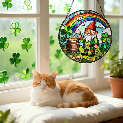 Funoasis St. Patrick's Day Stained Glass Suncatcher - 6.3 Inches Shamrock Rainbow Gold Coin Window Hanging Ornaments for Irish Spring Home Decor