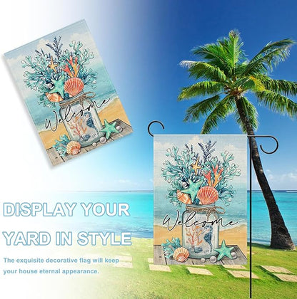 Welcome Summer Mason Jar Decorative Garden Flag, Beach Coastal Coral Starfish Shell Sea Horse Yard Outside Decorations, Nautical Seasonal Burlap Outdoor Small Home Decor Double Sided 12 x 18
