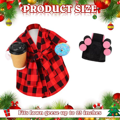 Shyyween Porch Goose Christmas Outfit 23 Inch Lady Goose Statue Clothes Red and Black Plaid Bathrobe Coffee Cup Curlers for Cement Plastic Lawn Geese Outdoor Garden Yard Patio Decoration