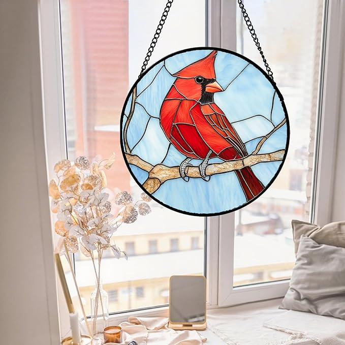 Stained Glass Window Hanging Cardinal Birds 6.3" - Suncatcher Door Garden Sun Catcher Home Decor Christmas Birthday for Bird Lovers Woman Her Nana Wife Men Mom